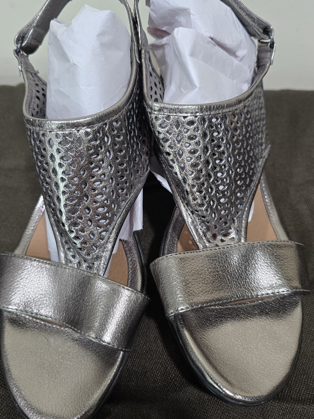 Metallic Silver Perforated Slingback Sandals for Women